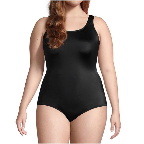 Lands End Tugless Tank Swimsuit 22W Black Low Leg One Piece Bathing - Picture 1 of 10